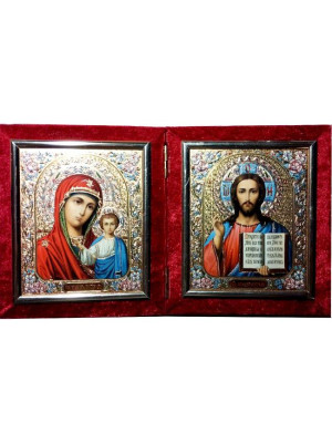 Икона складень в бархате Спаситель, Богородица Казанская